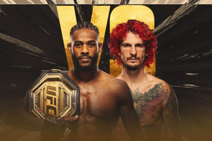 A graphic for the UFC 292 main event title fight between bantamweight champion Aljamain Sterling and Sean O'Malley.